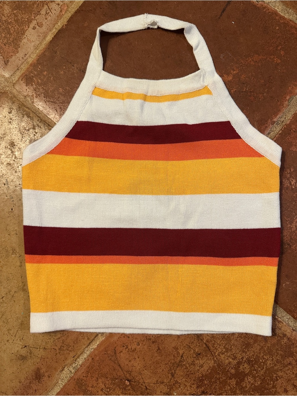 Cider Striped Halter Tank Top in White, Yellow, Orange, and Burgundy